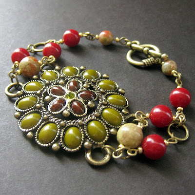 Unakite Gemstone Bracelet in Olive and Brick Floral Motif