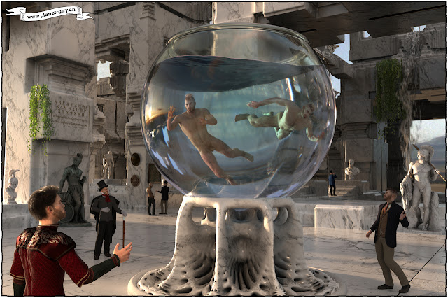 Naked men on display swimming underwater in a giant fish bowl