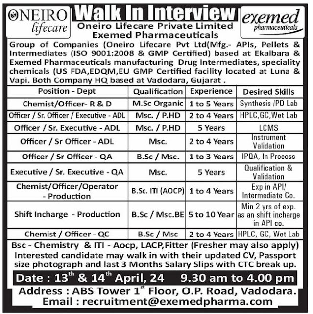 Oneiro Lifecare Walk In Interview For R&D/ ADL/ QA/ Production