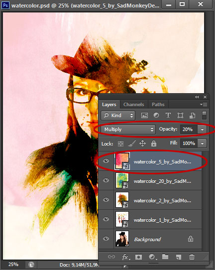 Set the blend mode to Multiply and set the opacity to 20%.