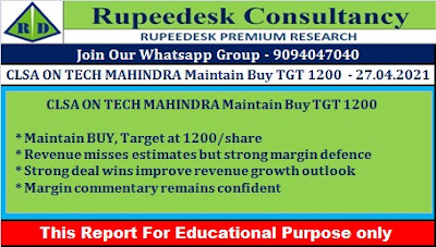 CLSA ON TECH MAHINDRA Maintain Buy TGT 1200 - 27.04.2021