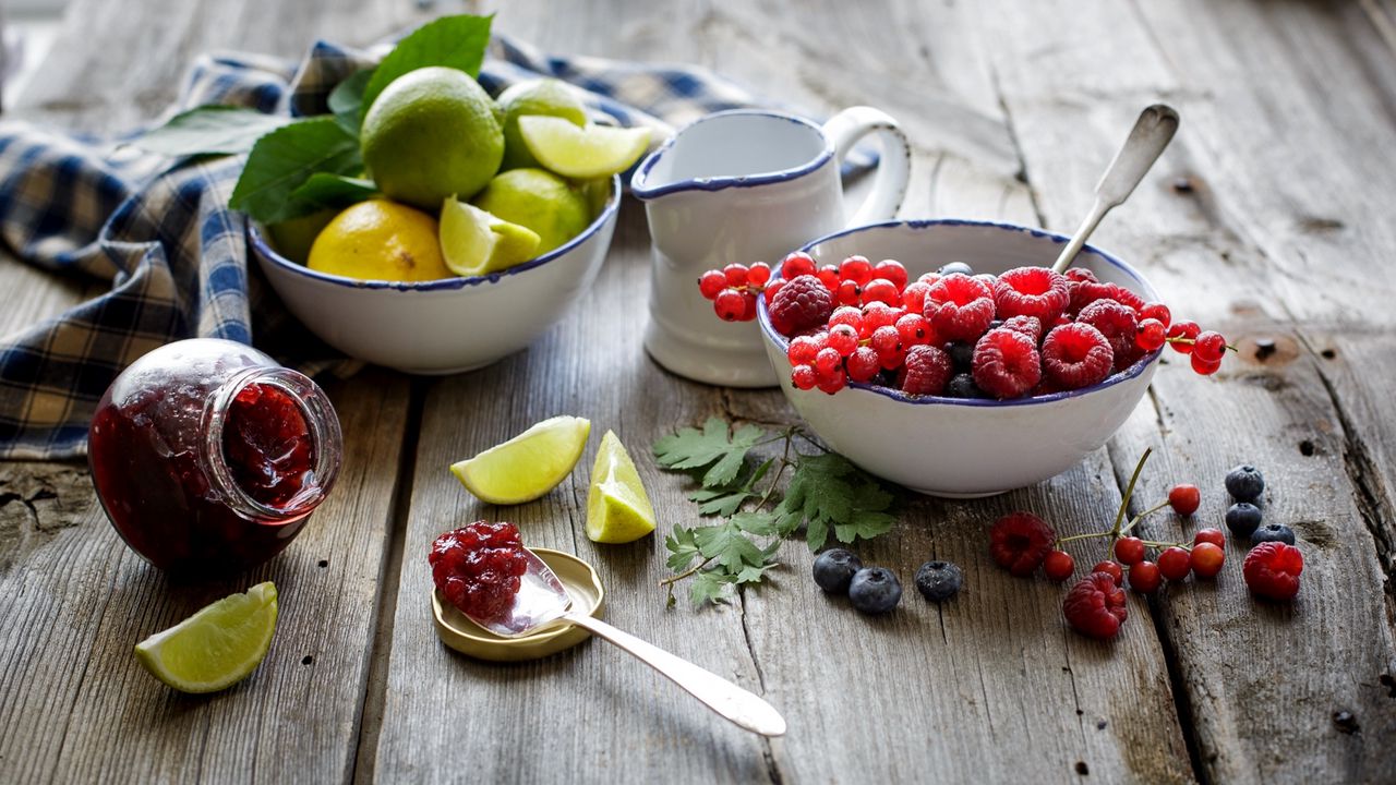 Wallpaper Raspberries Blueberries Currants Red Berries Lemon Citrus Fruit Jam Spoon