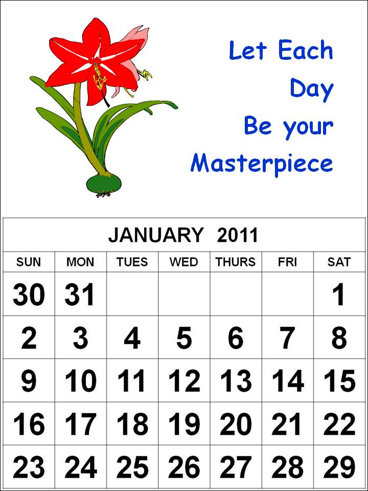 Free Homemade Calendar 2011 January with cute cartoon flowers