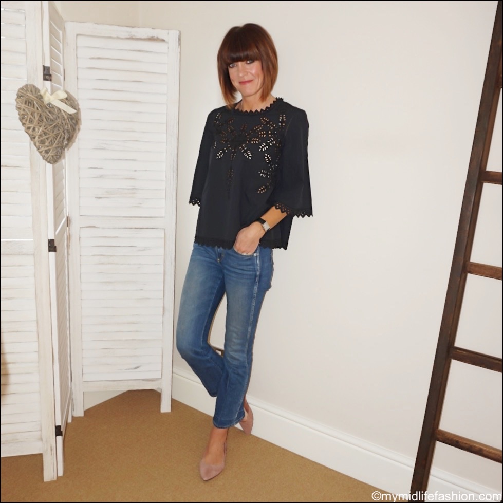 my midlife fashion, Isabel Marant Etoile broderie cotton top, j crew cropped kick flare jeans, h and m pointed suede pointed ballet pumps