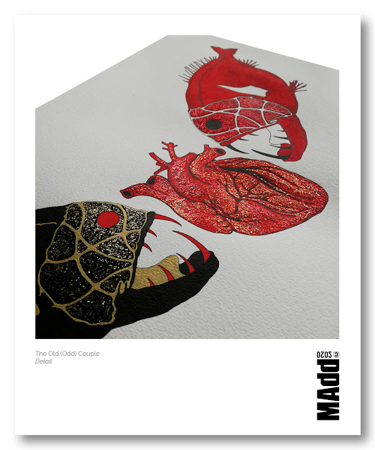 A contemporary art illustration of two abyss fishes and an anatomical heart