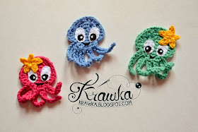 Aplikacja, naszywka szydełkowa - ośmiornica z gwiazdką. Crochet amigurumi aplique octopus cute blue octopus, pink octopus with star 