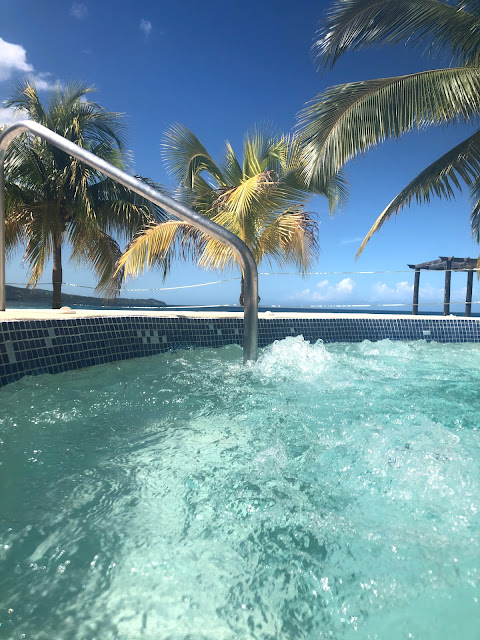 A view from inside a large hot tub, looking out at palm trees.