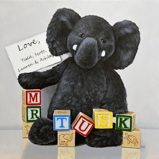 photorealism acrylic painting of a stuffed toy elephant and wooden block letters