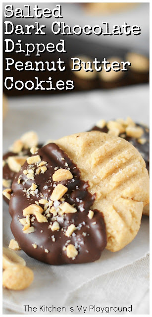 Salted Dark Chocolate Dipped Peanut Butter Cookies ~ Give peanut butter cookies an easy, elegant & amazingly tasty flair with a dunk in chocolate and a sprinkling of sea salt. It's that perfect chocolate & peanut butter combo we love! #peanutbuttercookies #cookies www.thekitchenismyplayground.com