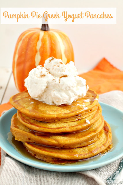 Enjoy all the deliciousness of a slice pumpkin pie for breakfast minus the guilt with these healthier Pumpkin Pie Greek Yogurt Pancakes.