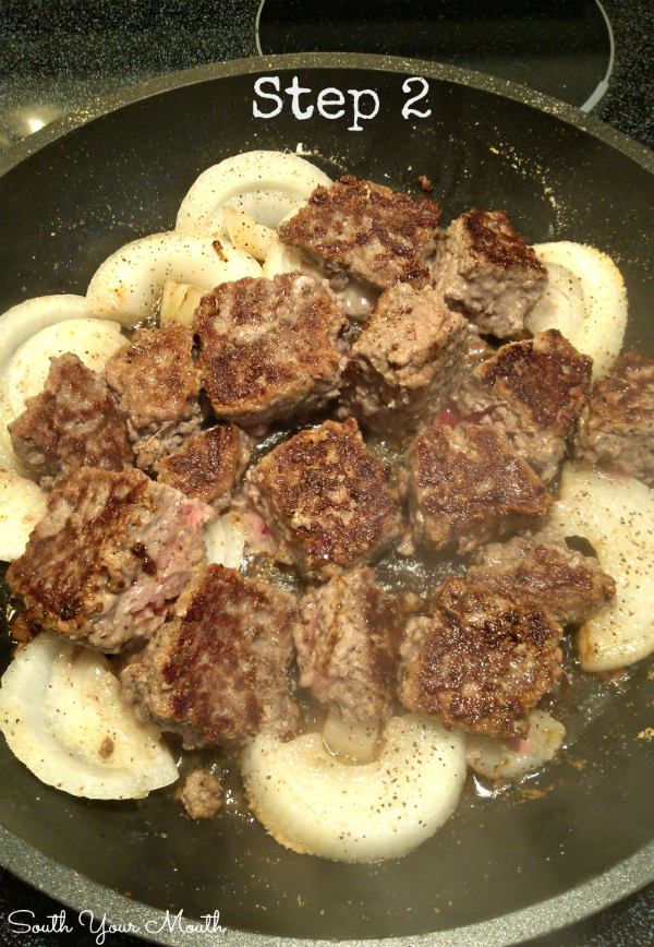 Smothered Salisbury Steak Tips! A quick and easy recipe for Salisbury Steak "tips" made from ground beef smothered in gravy and onions in a quick and easy weeknight meal.