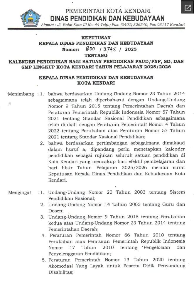 Kalender Pendidikan TK PAUD SD dan SMP Lingkup Kota Kendari Tahun Pelajaran 2025/2026