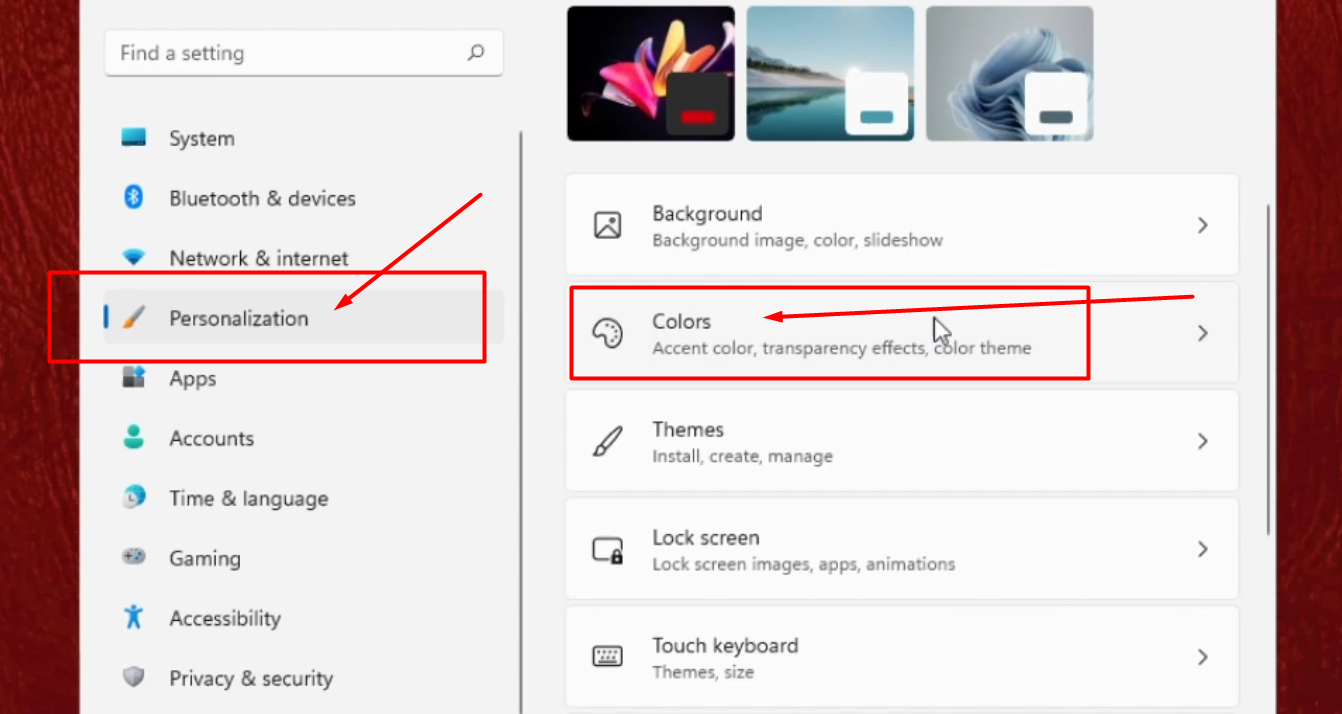 Select Personalization then click on Colors Tab