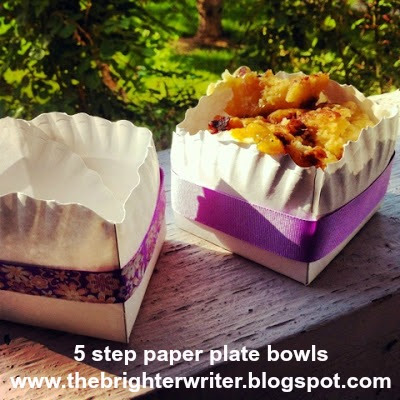 easy tutorial: 5 step paper plate bowls for picnics or camping www.thebrighterwriter.blogspot.com