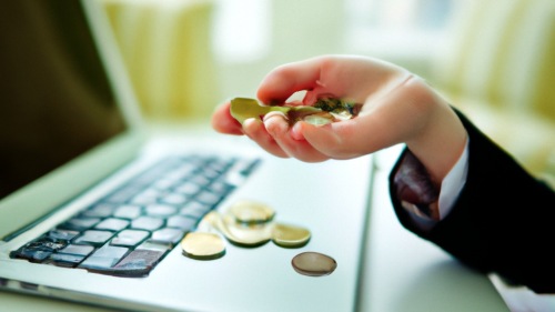 Some coins in hands and table with laptop