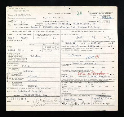 Death certificate for JJKeegan victim of 1918 flu epidemic