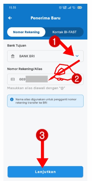 Pilih Bank BRI, Masukkan Nomor Rekening Tujuan, dan Klik Lanjutkan !