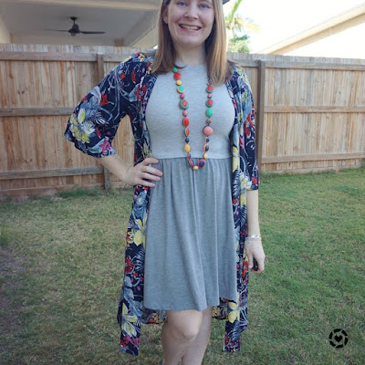 awayfromblue Instagram | Jeanswest Melanie floral kimono with grey skater dress bright Ruby Olive necklace
