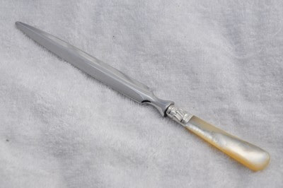   CARVED MOTHER OF PEARL & STERLING SILVER LETTER OPENER SHEFFIELD 1918