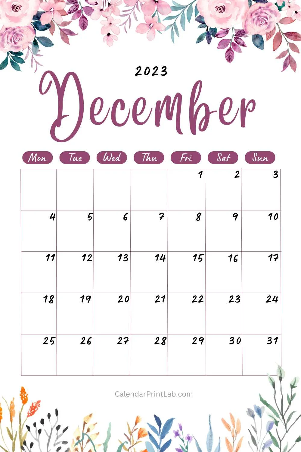 december 2023 floral calendar free download