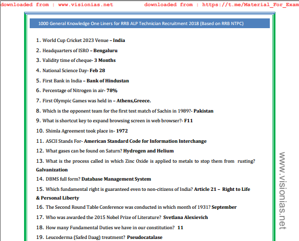 General Knowledge One Liner For Rrb Alp Technician And Group D