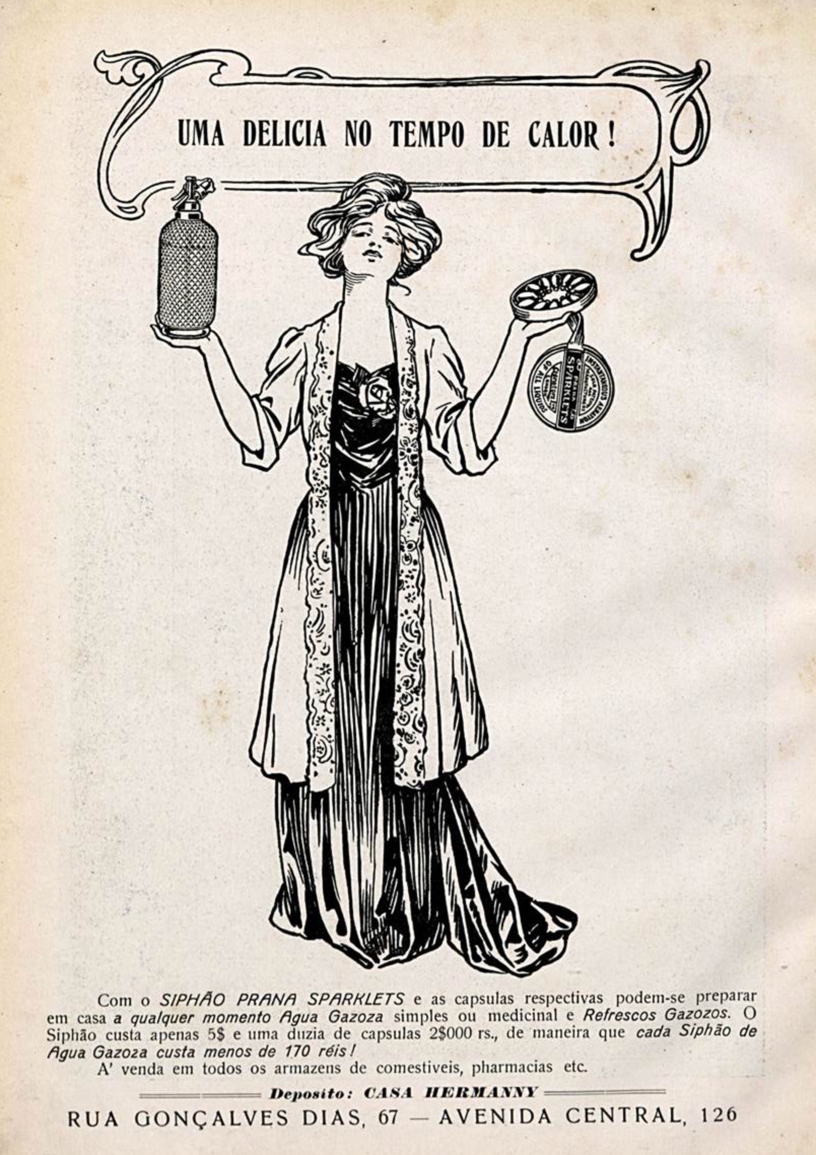 Propaganda de 1909 apresentando solução gasosa para bebidas