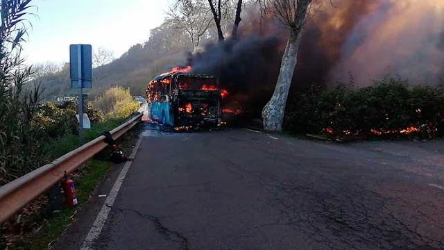 Imagen de la guagua ardiendo en la carretera de Firgas, provocando conato incendio forestal