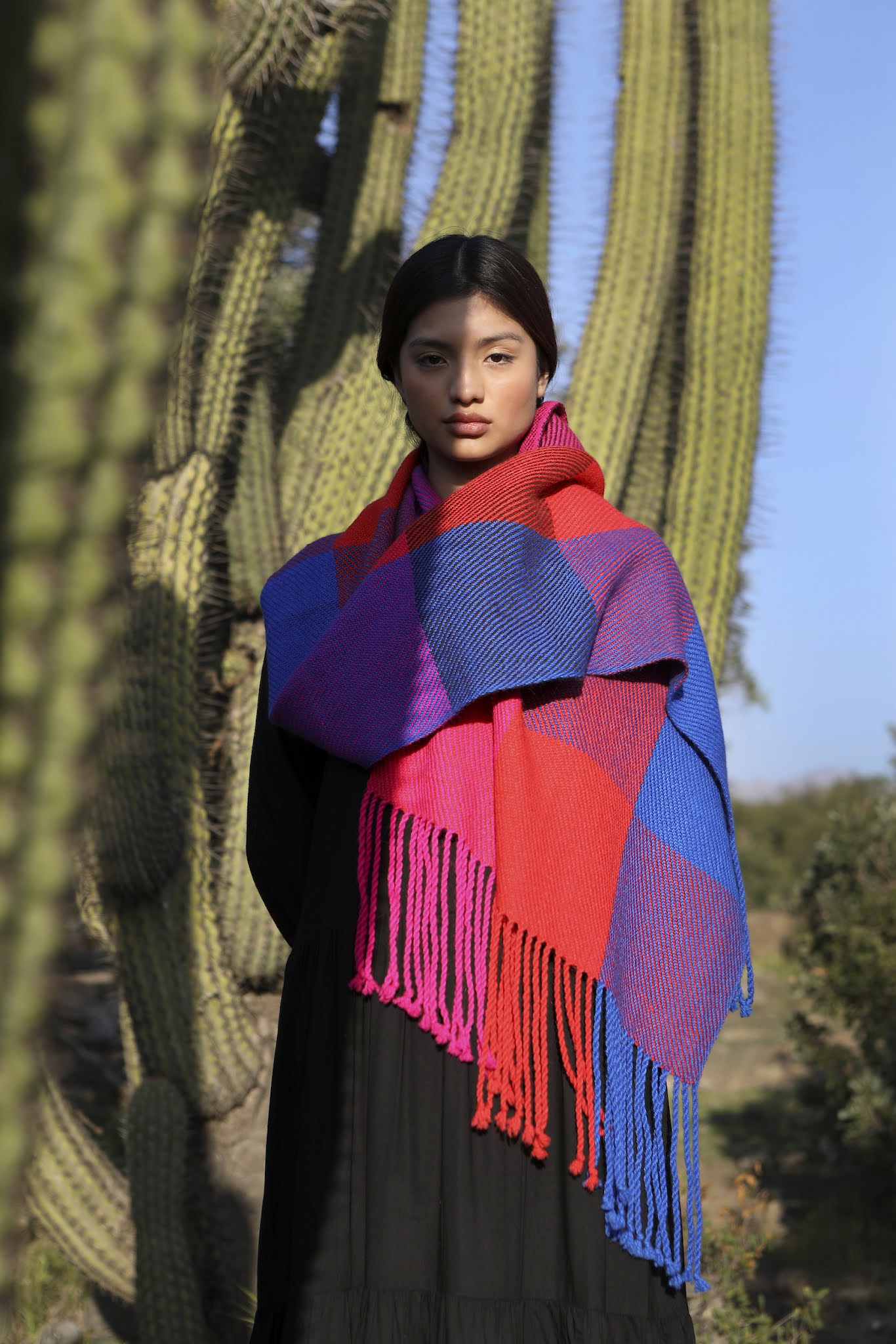 La microserie Palma, como se denomina a la sarga simple en el altiplano chileno, se compone de siete diseños, con diversas combinaciones de colores vibrantes como rosado, rojo, azul y celeste, y otros tonos naturales como tierra y negro. Inspirada en los textiles que las mujeres Aymara tejen y usan en su vida diaria, los chales de esta serie fueron confeccionados con un hilo de grosor normal.