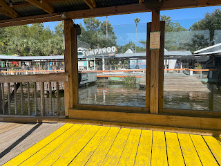 A floor to ceiling window with the ground area marked with yellow paint is the The wheelchair and stroller section of the Gator Jumparoo show at Gatorland Florida