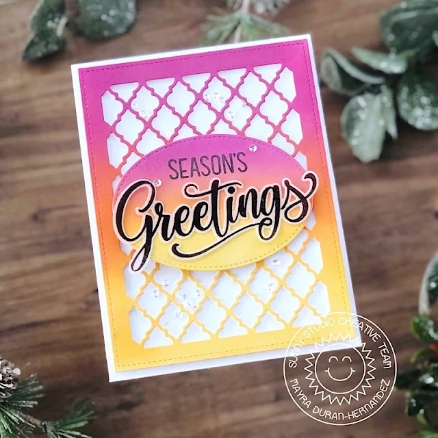 Sunny Studio Stamps: Frilly Frame Dies Season's Greetings Christmas Card by Mayra Duran-Hernandez