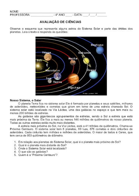 AVALIAÇÃO DE CIÊNCIAS SISTEMA SOLAR