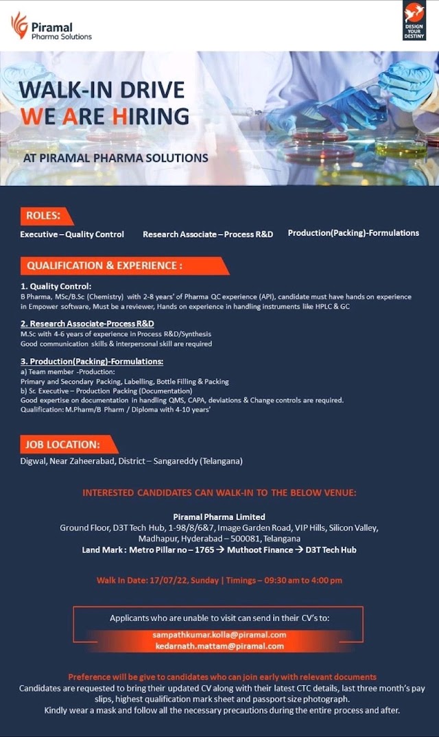 Piramal Pharma Solutions | Walk-in interview at Hyderabad for Prod/QC/PR&D on 17th July 2022