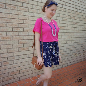 awayfromblue Instagram | pink frill sleeve tee navy printed culottes and hair scarf with mab camera bag gold sandals