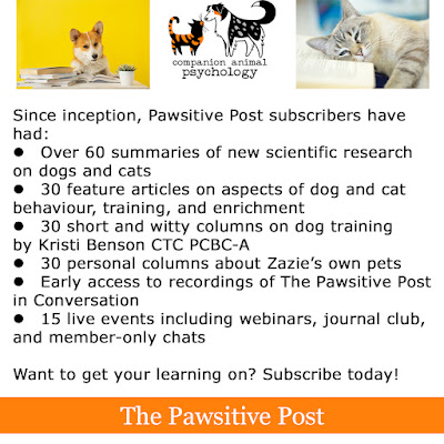 Flyer for the Pawsitive Post with science updates on dogs and cats, training, behaviour, and enrichment