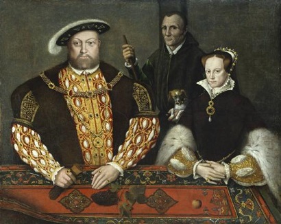 Henry VIII at left, with Will Somers and dog