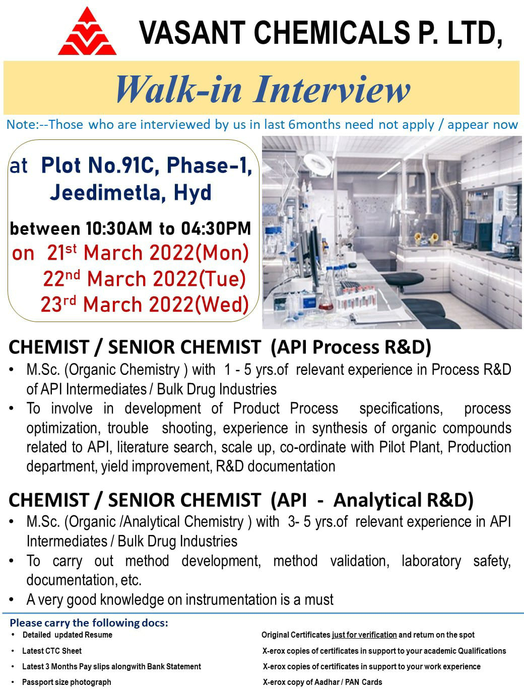 Job Availables,Vasant Chemicals Pvt Ltd Walk-In-Interview For MDc Organic Chemistry/ Analytical Chemistry
