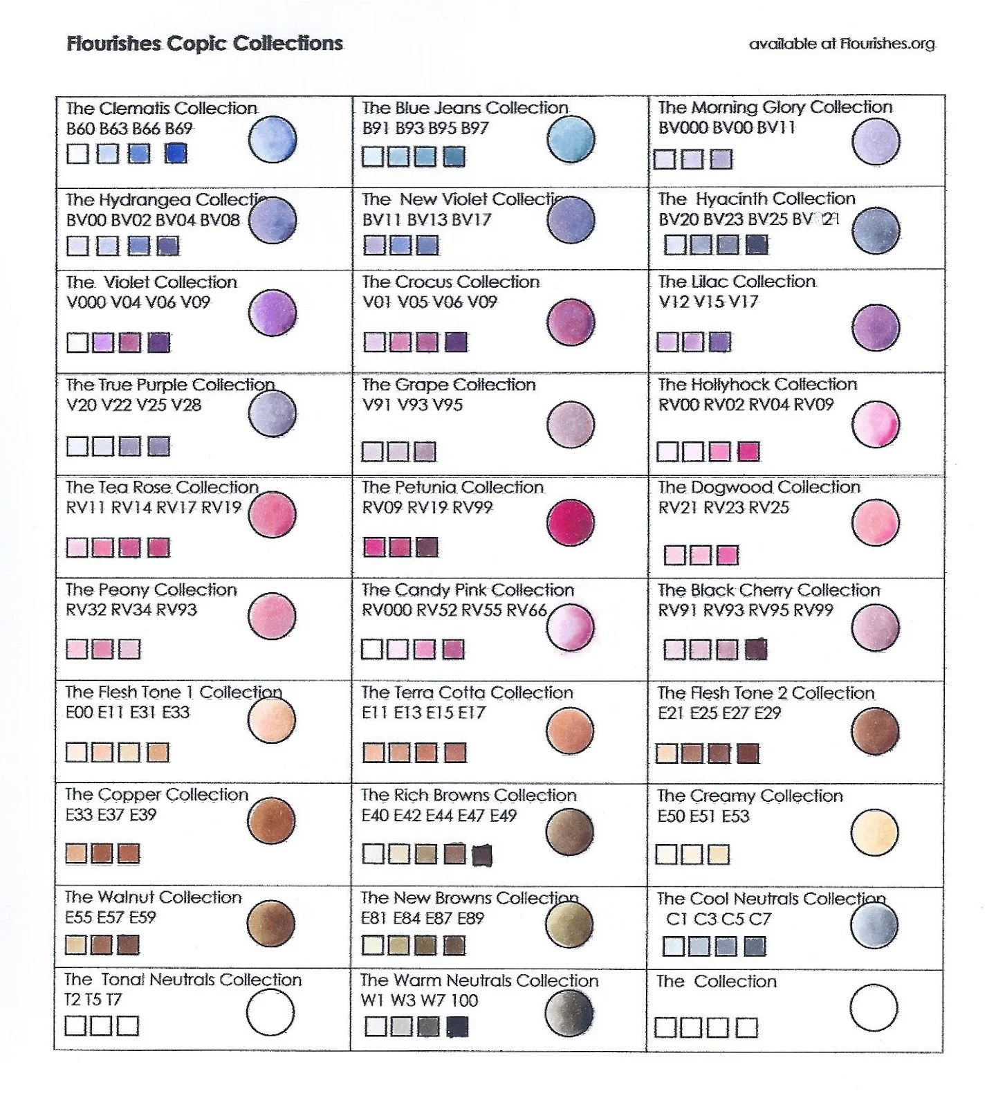 Michelle's MBellishments Flourishes Copic Color Combinations Chart