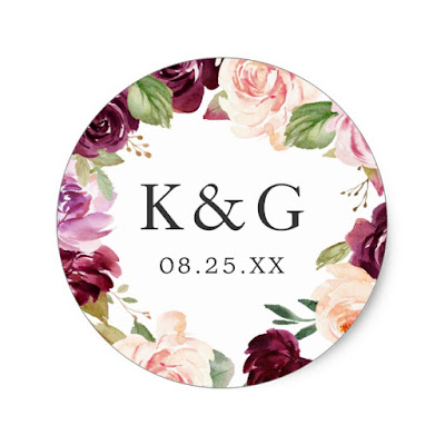  Wedding Initials Plum Purple Blush Floral Wreath Classic Round Sticker