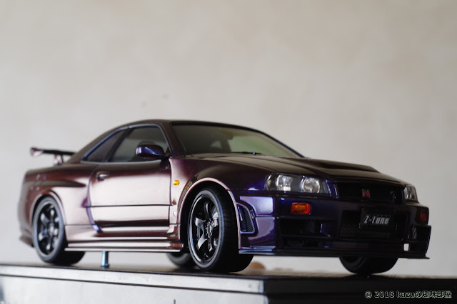 ミッドナイトパープルⅢの再現で調色した塗料を塗装したタミヤ ニスモ R34 GT-R Z-tune MidnightPurple III