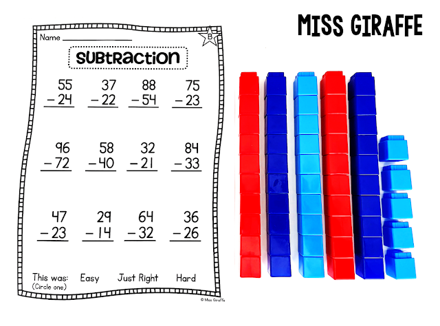 2 Digit Subtraction without Regrouping Strategy for First Grade Math Practice Using Cubes as Place Value blocks