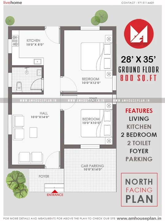 28 x 35 North face house plan under 800 sqft