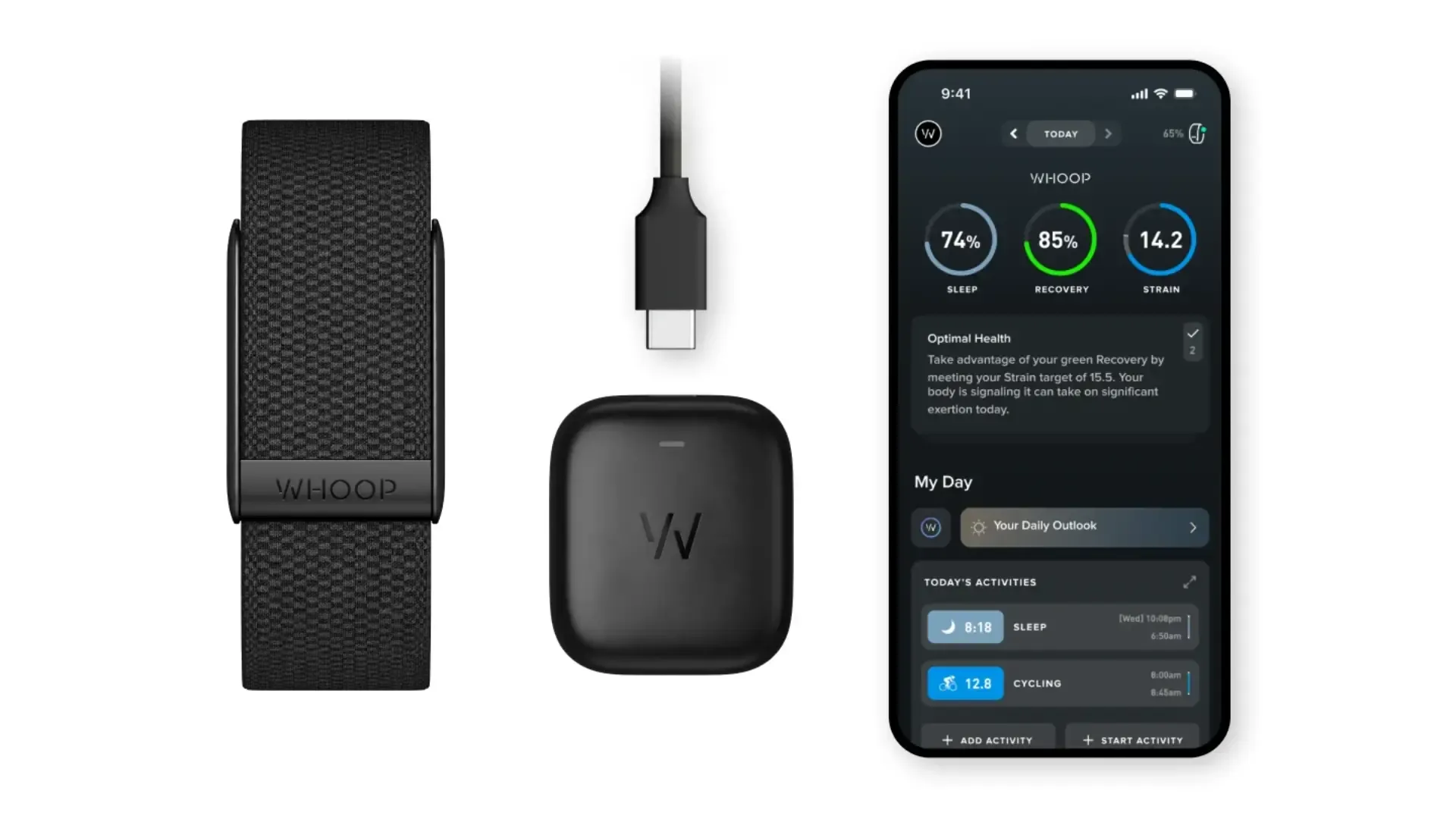 WHOOP band, charger, and smartphone app showing health data