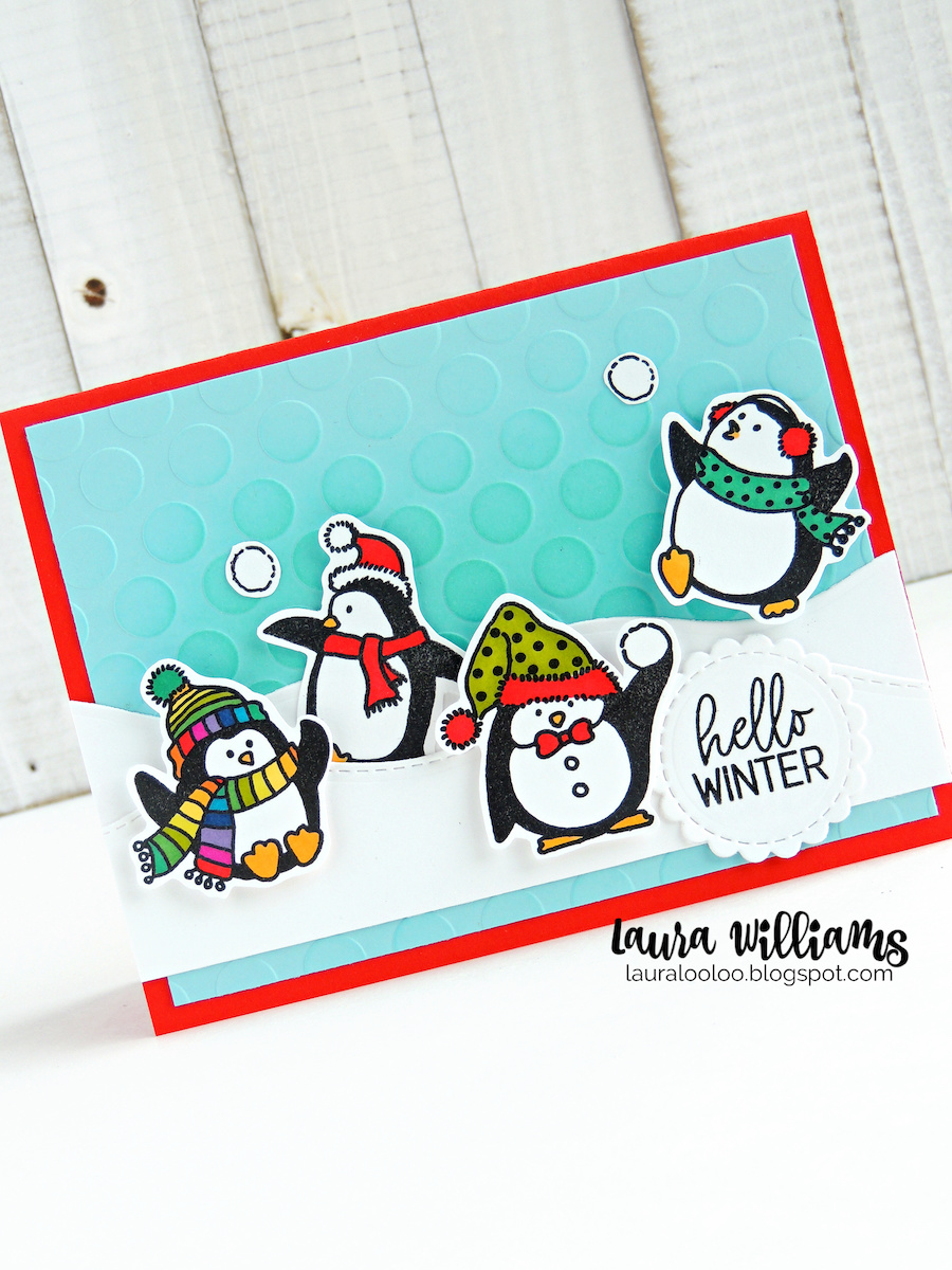 Today's cards all feature Impression Obsession's adorable new  Just Chillin' clear stamp set. This set features 7 penguins (appropriately and adorably dressed for the weather) and 3 coordinating sentiments. You can certainly make darling Christmas cards with this stamp set, but I love that you aren't limited - create any type of cold weather card for birthdays, or just to say hello. The second card has another fun background - this time created with an embossing folder and a little bit of tone-on-tone inking. I created a snowy scene for the penguins using a die from the Wave Edges die set.