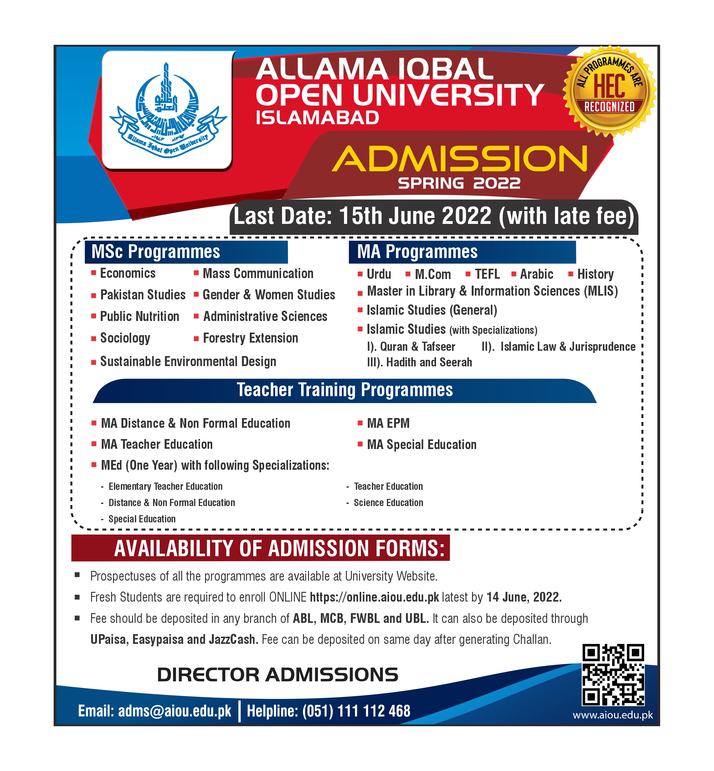 AIOU MA MSC admission open with late fee
