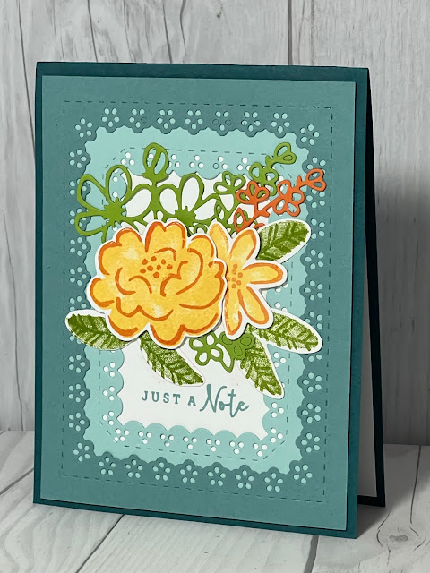 Greeting card using eyelette borders and florals from the Stampin' Up! Darling Details Stamp Set