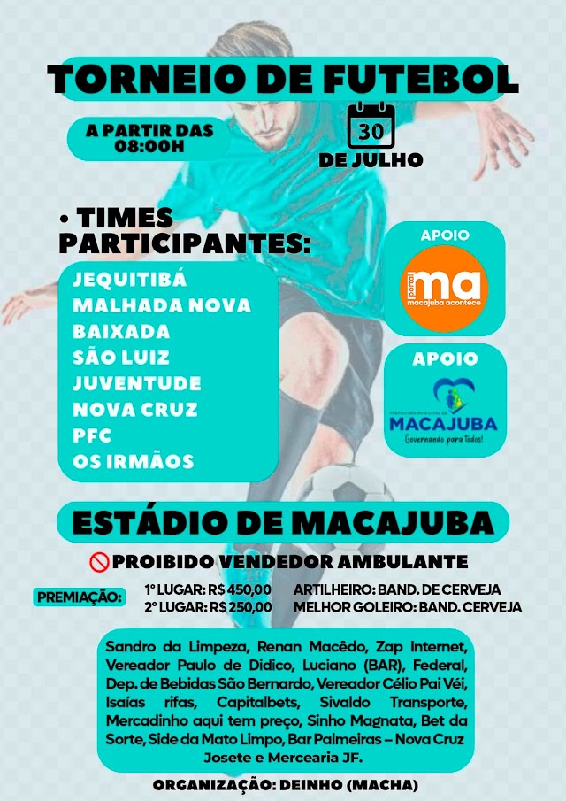 Torneio de Futebol acontece no próximo domingo (30), em Macajuba; confira