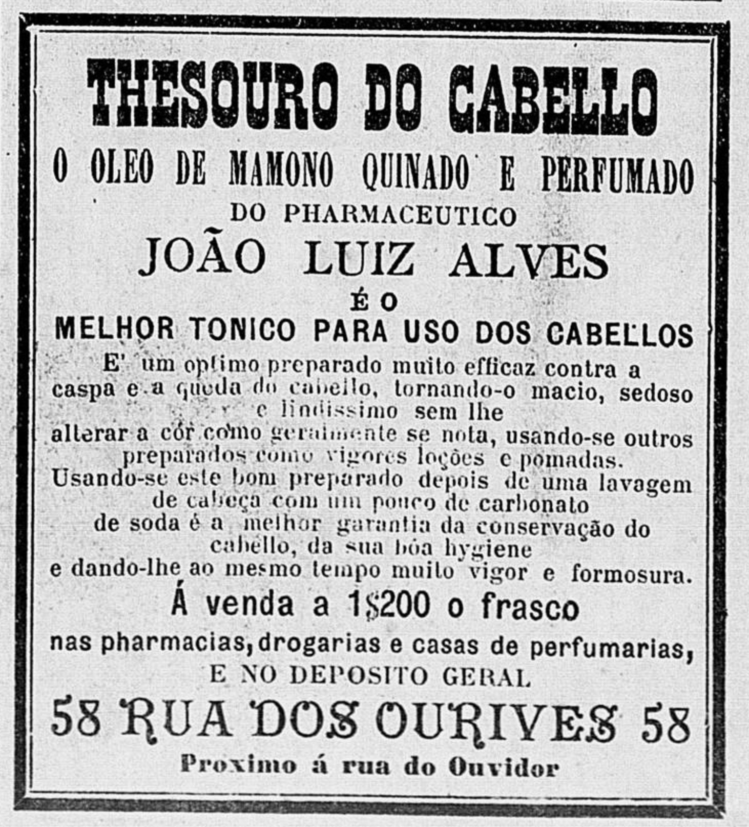 Campanha publicitária de 1902 promovia um tônico capilar