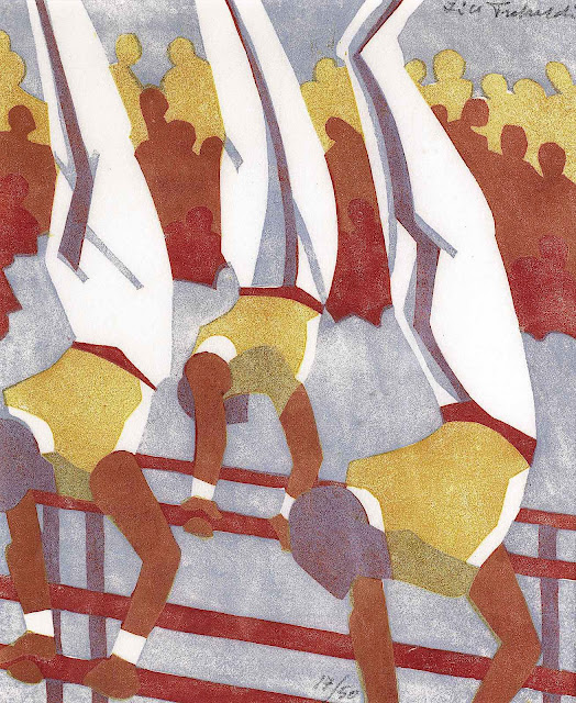 a Lill Tschudi linocut print of balacing athletes