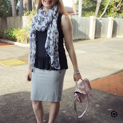 awayfromtheblue instagram | monochrome pencil skirt converse peplum tank bird print scarf outfit with pastel pink RM darren bag