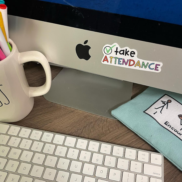 Die cut attendance sticker in multi colors on computer monitor